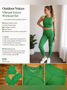 Outdoor Voices Vibrant Green Workout Set 💚 (Top + Leggings) Size Small